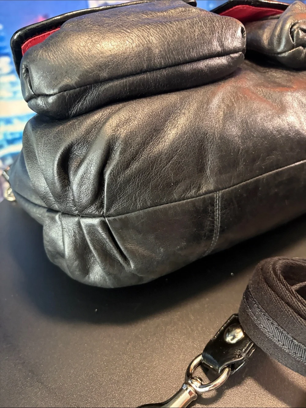 Coach Poppy Black Leather Messenger Bag with Front Pockets